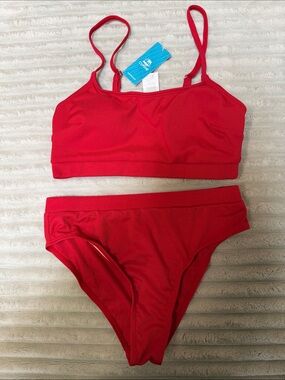 Cupshe Red Ribbed Crop Bikini Set